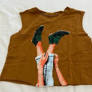 Mustard yellow Brown Sleeveless Crop Top with Photo Print
